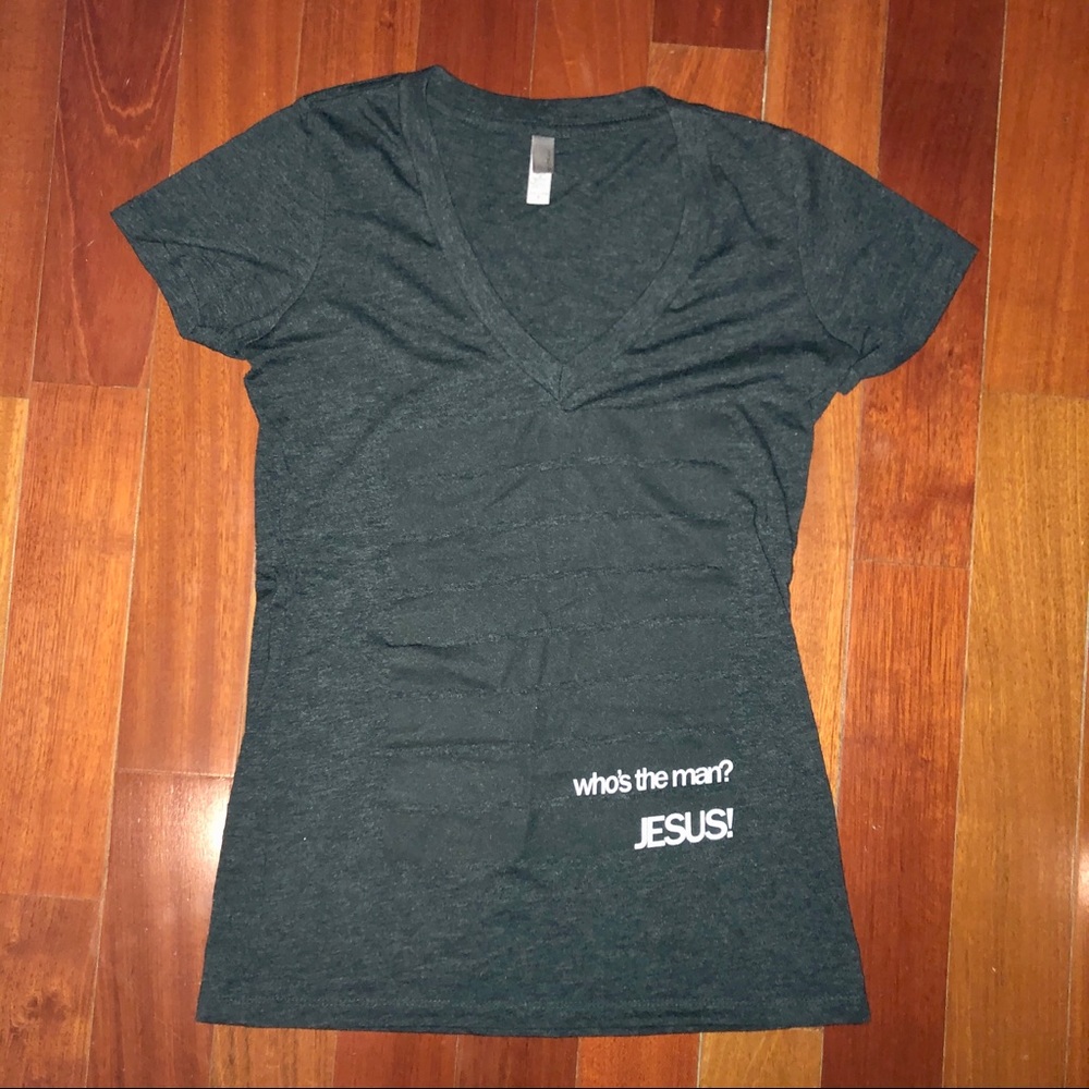 “who’s the man? Jesus!” Charcoal v-neck t-shirt